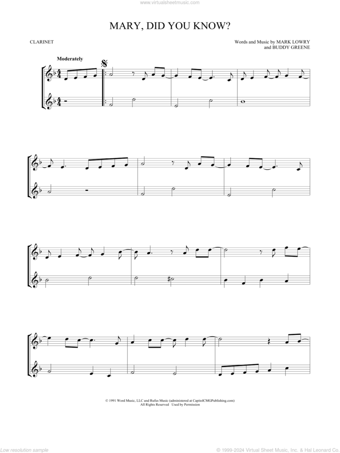 Mary, Did You Know? sheet music for two clarinets (duets) by Buddy Greene and Mark Lowry, intermediate skill level