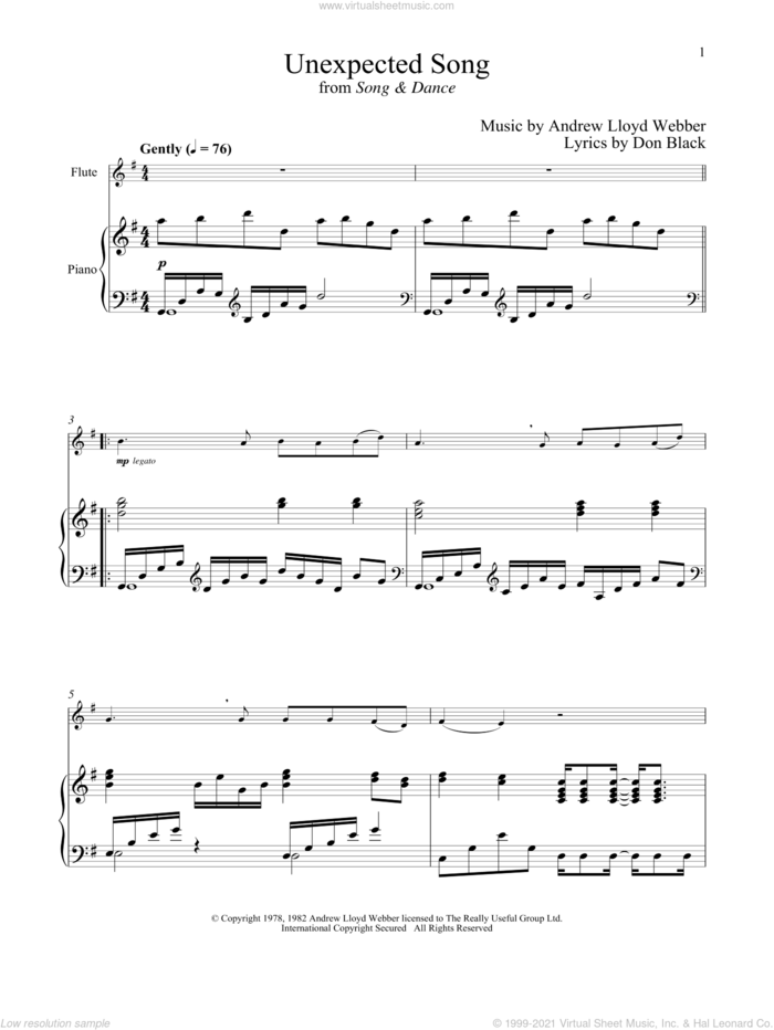 Unexpected Song (from Song and Dance) sheet music for flute and piano by Bernadette Peters, Andrew Lloyd Webber and Don Black, intermediate skill level