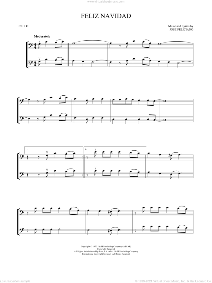 Feliz Navidad sheet music for two cellos (duet, duets) by Jose Feliciano, intermediate skill level