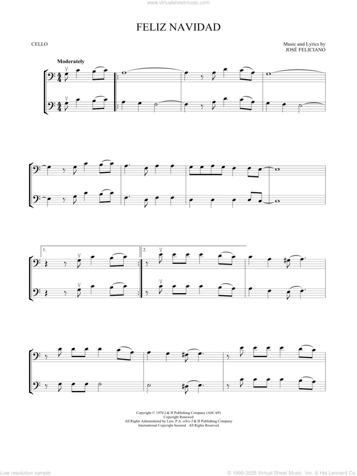 Feliz Navidad sheet music for two cellos (duet, duets) by Jose Feliciano, intermediate skill level