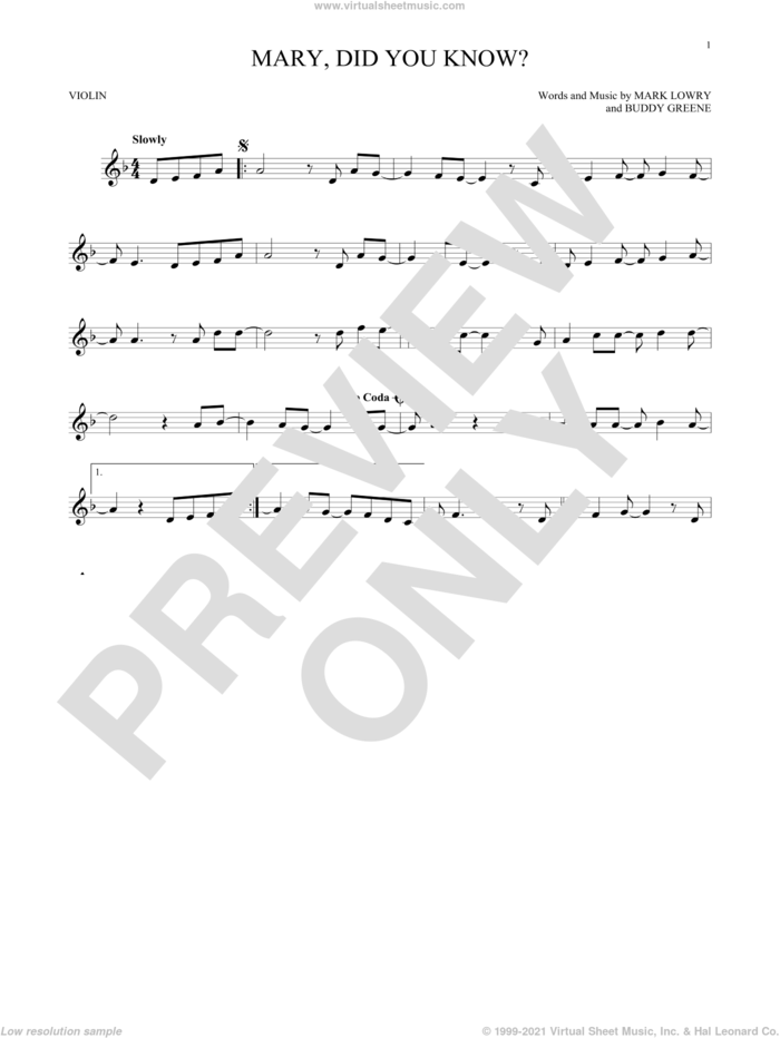 Mary, Did You Know? sheet music for violin solo by Buddy Greene and Mark Lowry, intermediate skill level