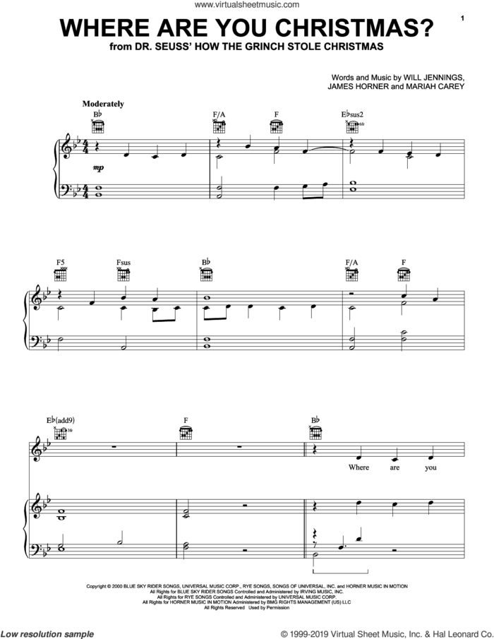 Where Are You Christmas? (from How the Grinch Stole Christmas) sheet music for voice, piano or guitar by Pentatonix, James Horner, Mariah Carey and Will Jennings, intermediate skill level