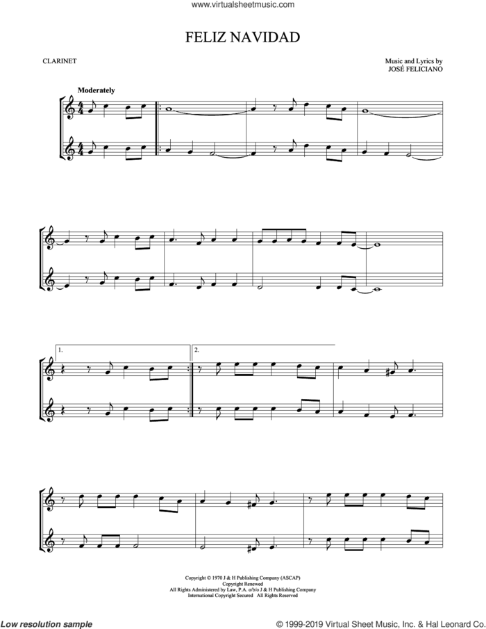 Feliz Navidad sheet music for two clarinets (duets) by Jose Feliciano, intermediate skill level