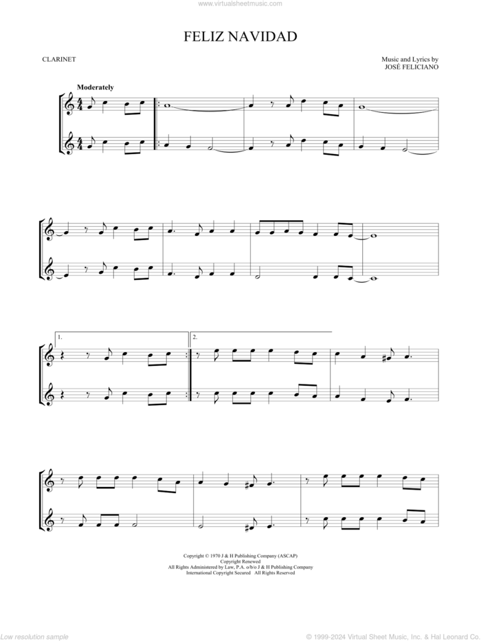 Feliz Navidad sheet music for two clarinets (duets) by Jose Feliciano, intermediate skill level