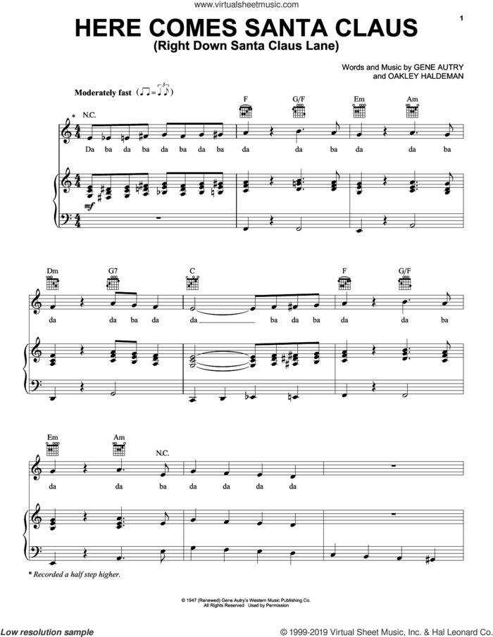 Here Comes Santa Claus (Right Down Santa Claus Lane) sheet music for voice, piano or guitar by Pentatonix, Gene Autry and Oakley Haldeman, intermediate skill level