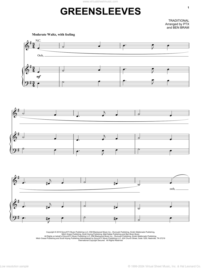 Greensleeves sheet music for voice, piano or guitar by Pentatonix, Ben Bram and Miscellaneous, intermediate skill level