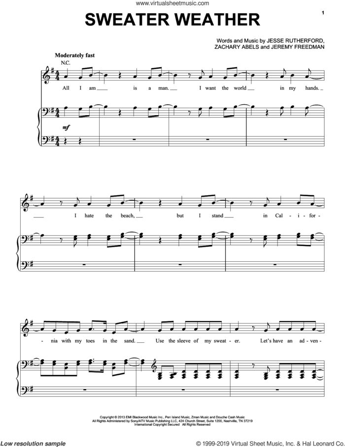 Sweater Weather sheet music for voice, piano or guitar by Pentatonix, Jeremy Freedman, Jesse Rutherford and Zachary Abels, intermediate skill level