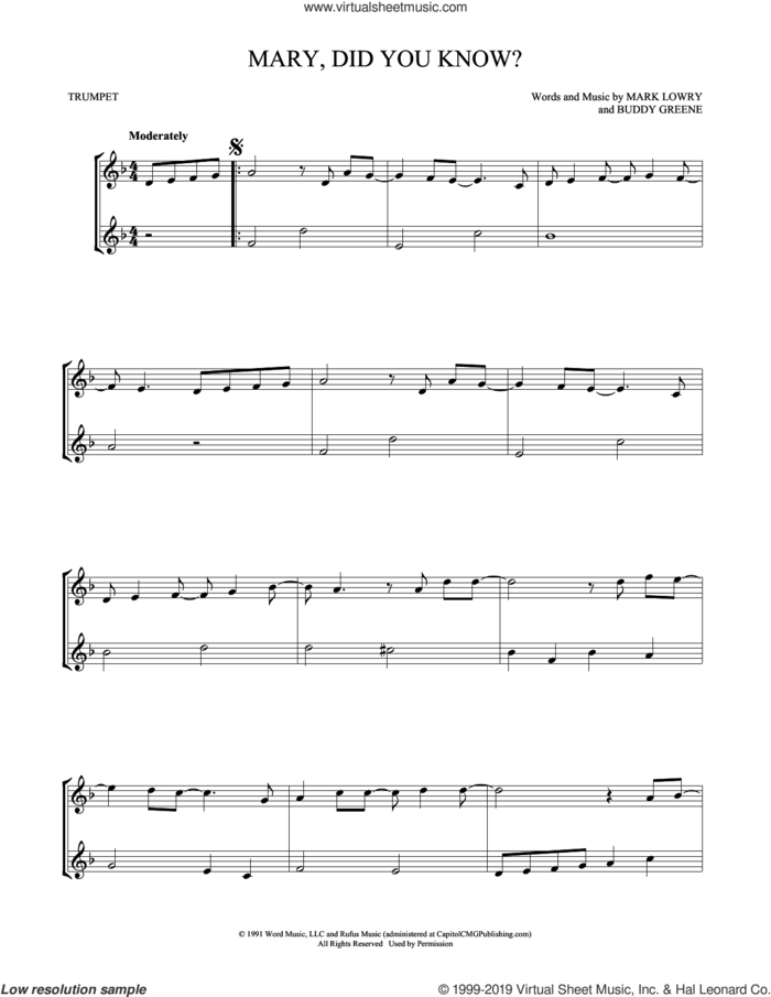 Mary, Did You Know? sheet music for two trumpets (duet, duets) by Buddy Greene and Mark Lowry, intermediate skill level