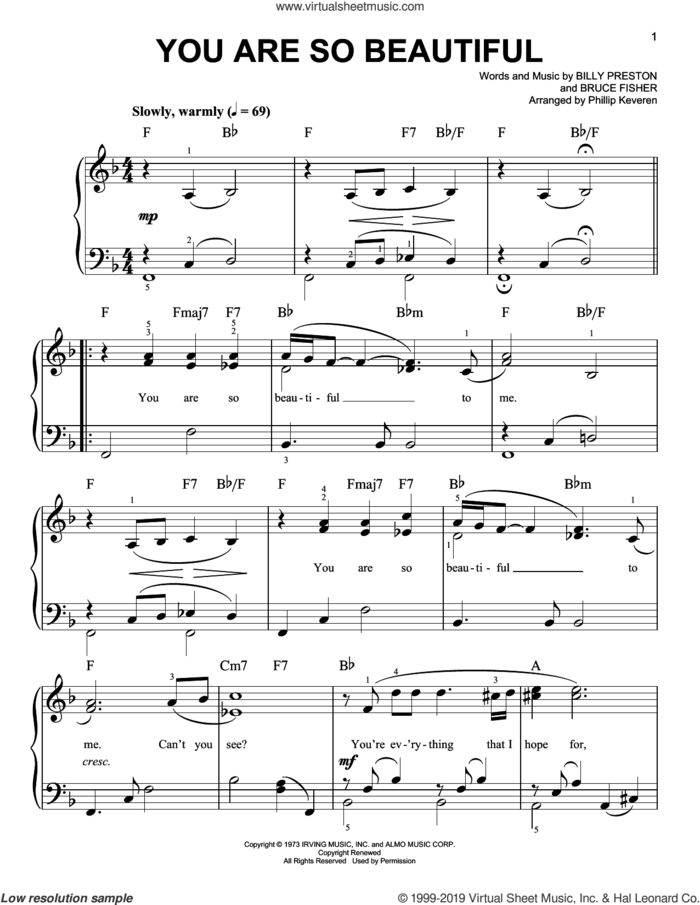 You Are So Beautiful (arr. Phillip Keveren) sheet music for piano solo by Joe Cocker, Phillip Keveren, Billy Preston and Bruce Fisher, easy skill level