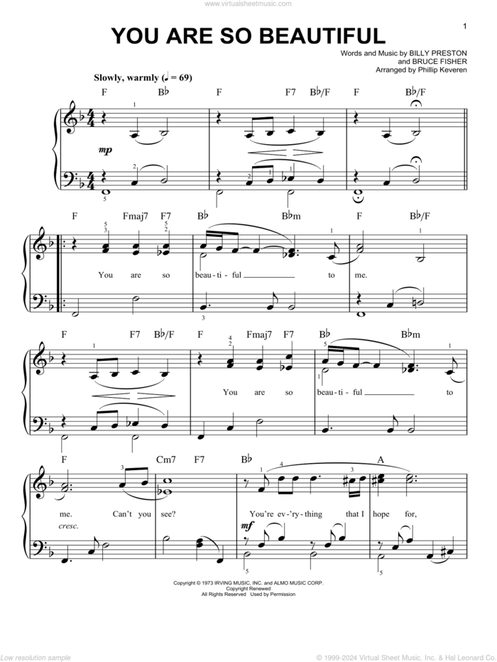 You Are So Beautiful (arr. Phillip Keveren) sheet music for piano solo by Joe Cocker, Phillip Keveren, Billy Preston and Bruce Fisher, easy skill level