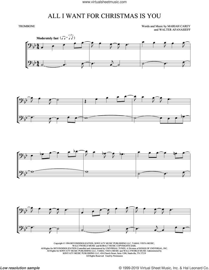 All I Want For Christmas Is You sheet music for two trombones (duet, duets) by Mariah Carey and Walter Afanasieff, intermediate skill level