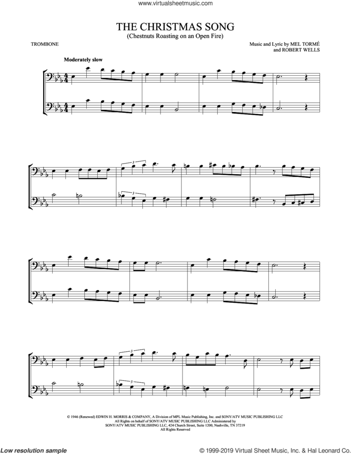 The Christmas Song (Chestnuts Roasting On An Open Fire) sheet music for two trombones (duet, duets) by Mel Torme and Robert Wells, intermediate skill level
