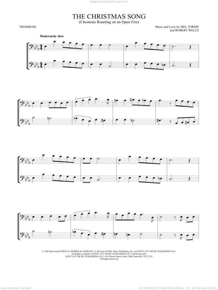 The Christmas Song (Chestnuts Roasting On An Open Fire) sheet music for two trombones (duet, duets) by Mel Torme and Robert Wells, intermediate skill level