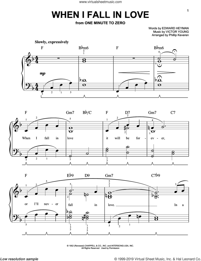 When I Fall In Love (arr. Phillip Keveren), (easy) (arr. Phillip Keveren) sheet music for piano solo by Victor Young, Phillip Keveren and Edward Heyman, easy skill level