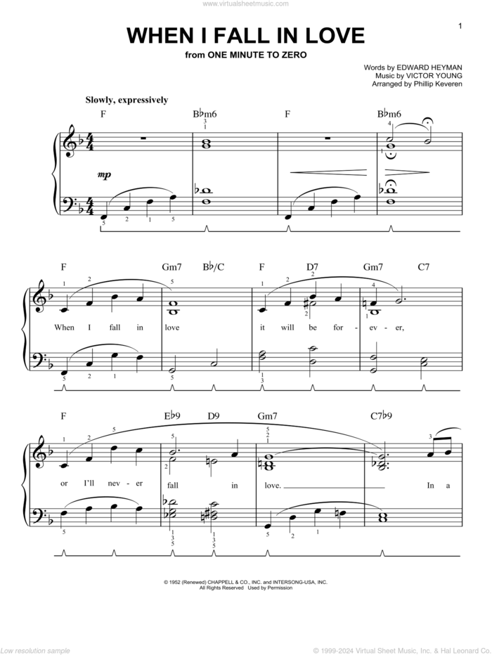 When I Fall In Love (arr. Phillip Keveren), (easy) (arr. Phillip Keveren) sheet music for piano solo by Victor Young, Phillip Keveren and Edward Heyman, easy skill level