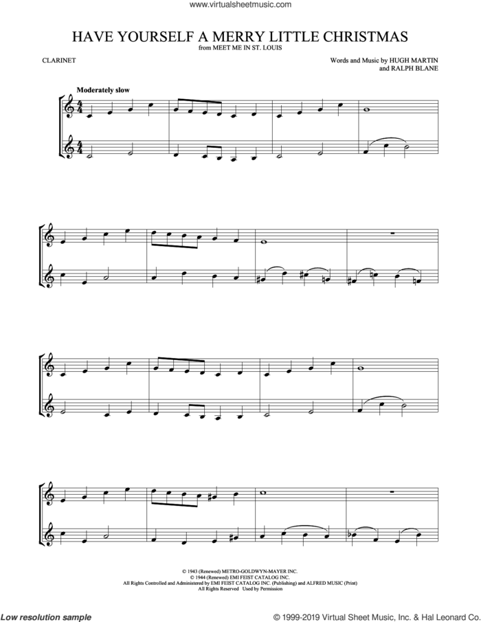 Have Yourself A Merry Little Christmas sheet music for two clarinets (duets) by Hugh Martin and Ralph Blane, intermediate skill level