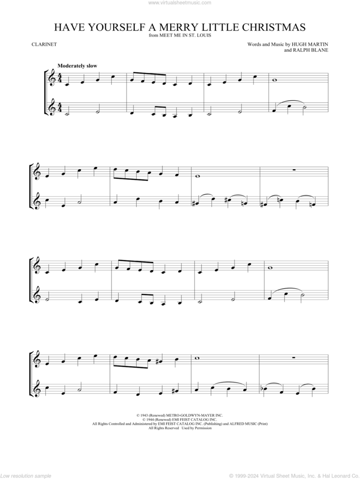 Have Yourself A Merry Little Christmas sheet music for two clarinets (duets) by Hugh Martin and Ralph Blane, intermediate skill level