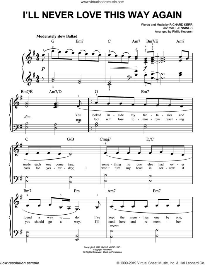 I'll Never Love This Way Again (arr. Phillip Keveren) sheet music for piano solo by Dionne Warwick, Phillip Keveren, Richard Kerr and Will Jennings, easy skill level