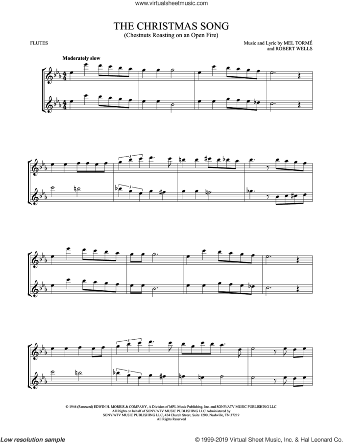The Christmas Song (Chestnuts Roasting On An Open Fire) sheet music for two flutes (duets) by Mel Torme and Robert Wells, intermediate skill level