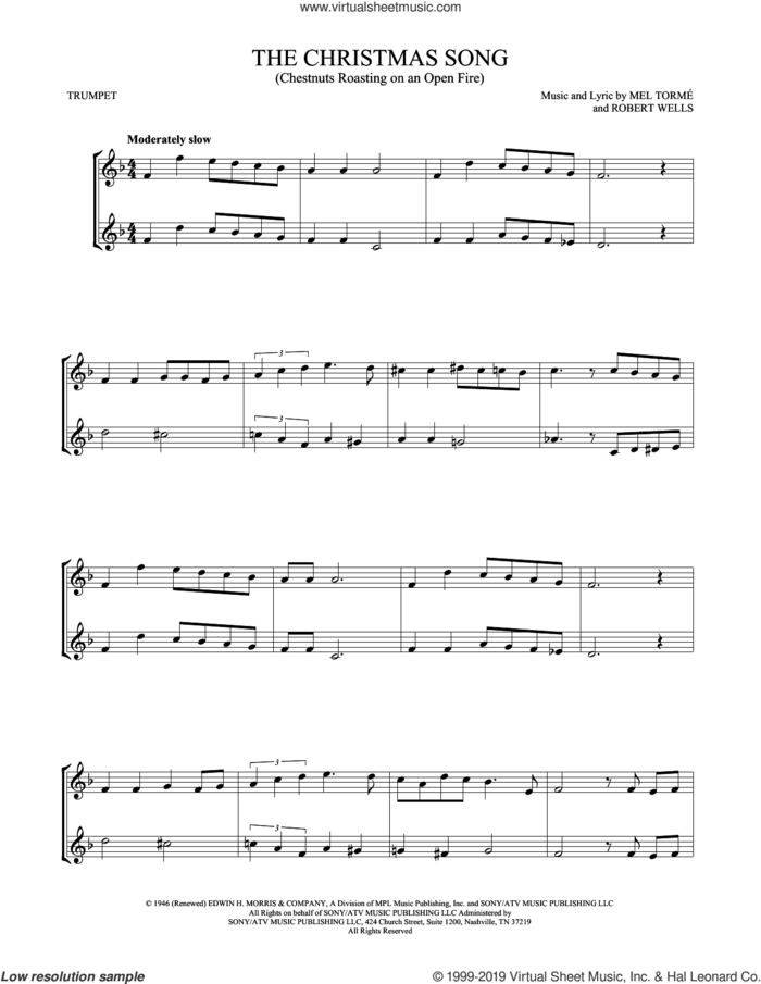 The Christmas Song (Chestnuts Roasting On An Open Fire) sheet music for two trumpets (duet, duets) by Mel Torme and Robert Wells, intermediate skill level