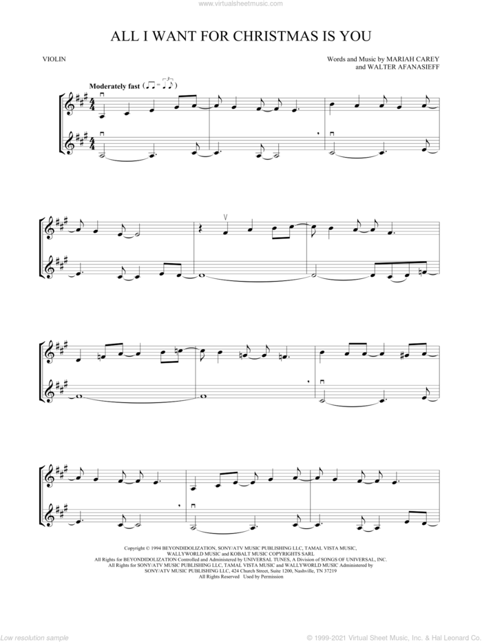 All I Want For Christmas Is You sheet music for two violins (duets, violin duets) by Mariah Carey and Walter Afanasieff, intermediate skill level