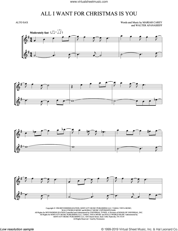 All I Want For Christmas Is You sheet music for two alto saxophones (duets) by Mariah Carey and Walter Afanasieff, intermediate skill level