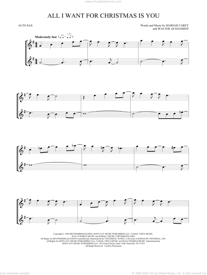 All I Want For Christmas Is You sheet music for two alto saxophones (duets) by Mariah Carey and Walter Afanasieff, intermediate skill level