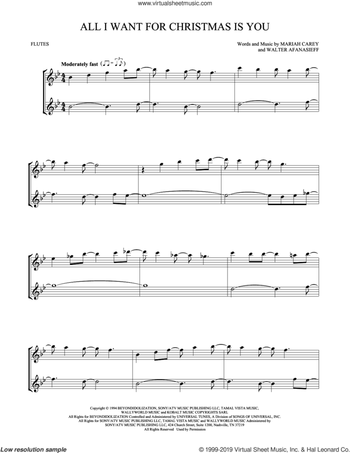 All I Want For Christmas Is You sheet music for two flutes (duets) by Mariah Carey and Walter Afanasieff, intermediate skill level