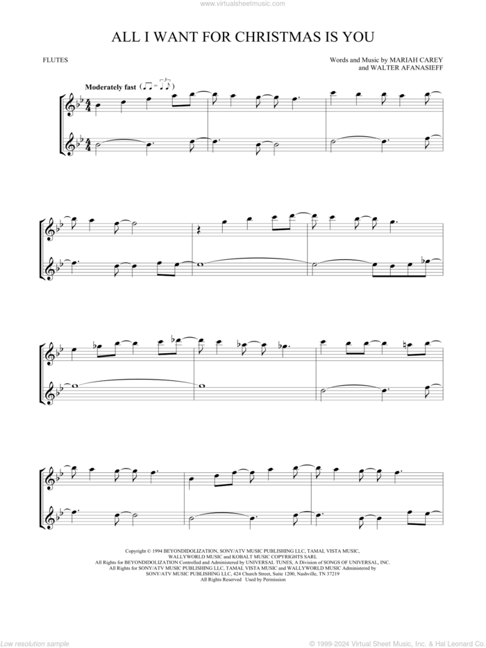 All I Want For Christmas Is You sheet music for two flutes (duets) by Mariah Carey and Walter Afanasieff, intermediate skill level