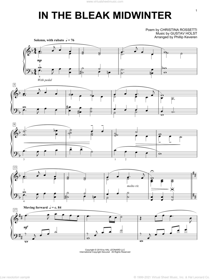 In The Bleak Midwinter [Classical version] (arr. Phillip Keveren) sheet music for piano solo by Gustav Holst, Phillip Keveren and Christina Rossetti, intermediate skill level