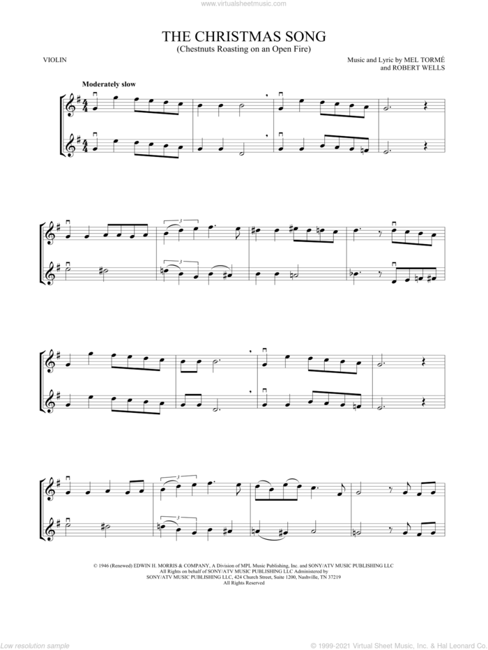 The Christmas Song (Chestnuts Roasting On An Open Fire) sheet music for two violins (duets, violin duets) by Mel Torme and Robert Wells, intermediate skill level