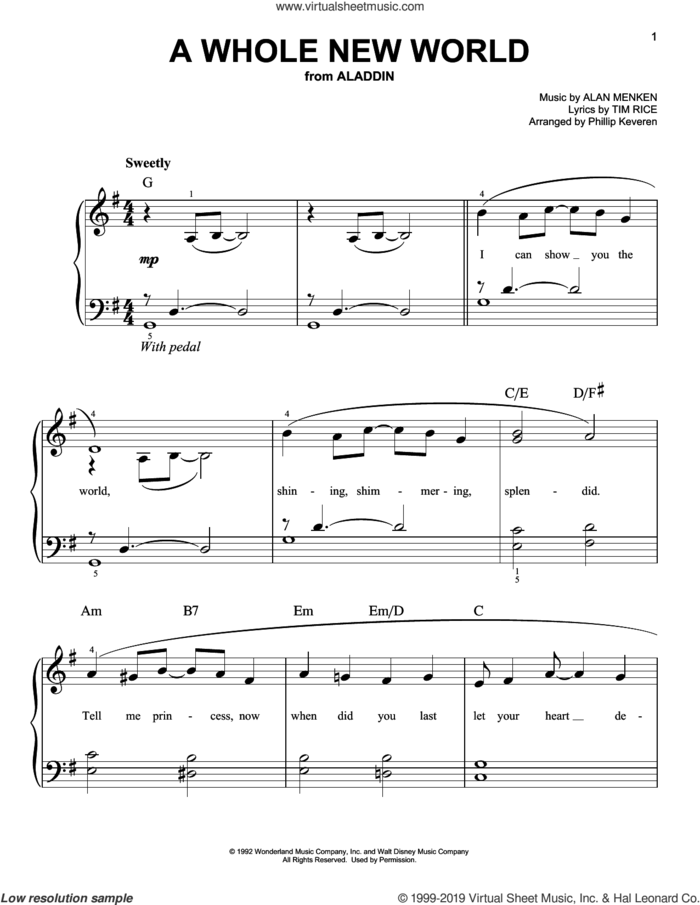 A Whole New World (from Aladdin) (arr. Phillip Keveren) sheet music for piano solo by Alan Menken, Phillip Keveren, Alan Menken & Tim Rice and Tim Rice, wedding score, easy skill level