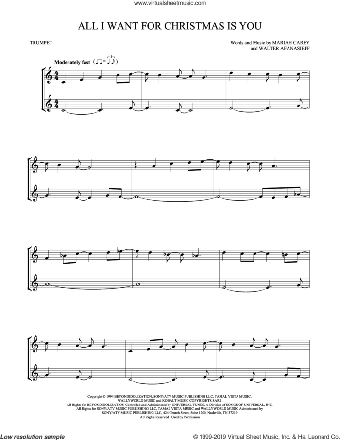 All I Want For Christmas Is You sheet music for two trumpets (duet, duets) by Mariah Carey and Walter Afanasieff, intermediate skill level