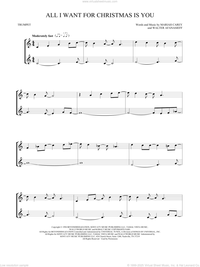 All I Want For Christmas Is You sheet music for two trumpets (duet, duets) by Mariah Carey and Walter Afanasieff, intermediate skill level