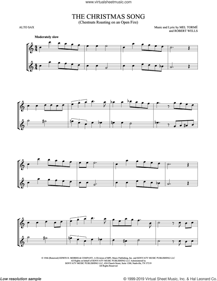 The Christmas Song (Chestnuts Roasting On An Open Fire) sheet music for two alto saxophones (duets) by Mel Torme and Robert Wells, intermediate skill level