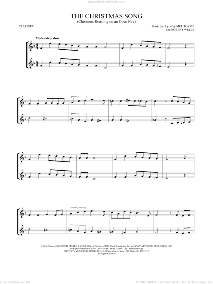 The Christmas Song (Chestnuts Roasting On An Open Fire) sheet music for two clarinets (duets) by Mel Torme and Robert Wells, intermediate skill level