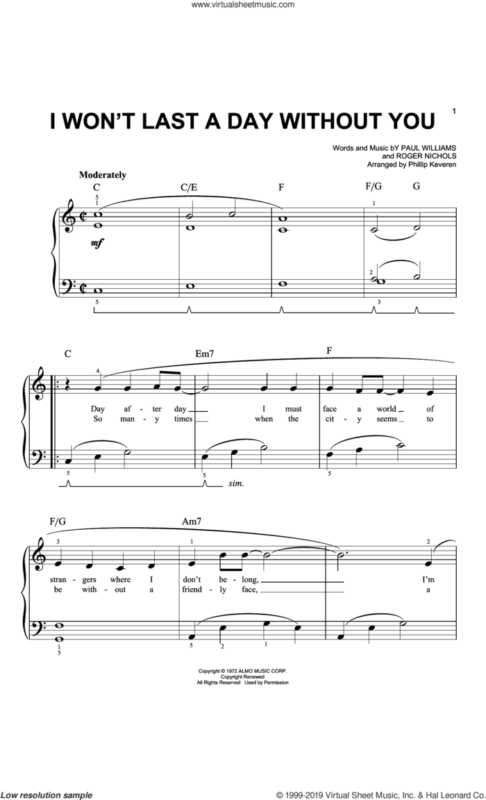 I Won't Last A Day Without You (arr. Phillip Keveren) sheet music for piano solo by Carpenters, Phillip Keveren, Paul Williams and Roger Nichols, easy skill level