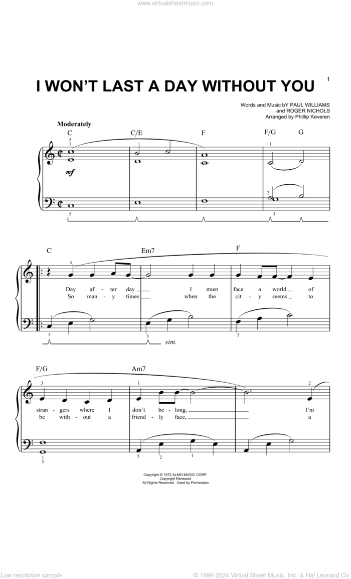 I Won't Last A Day Without You (arr. Phillip Keveren) sheet music for piano solo by Carpenters, Phillip Keveren, Paul Williams and Roger Nichols, easy skill level