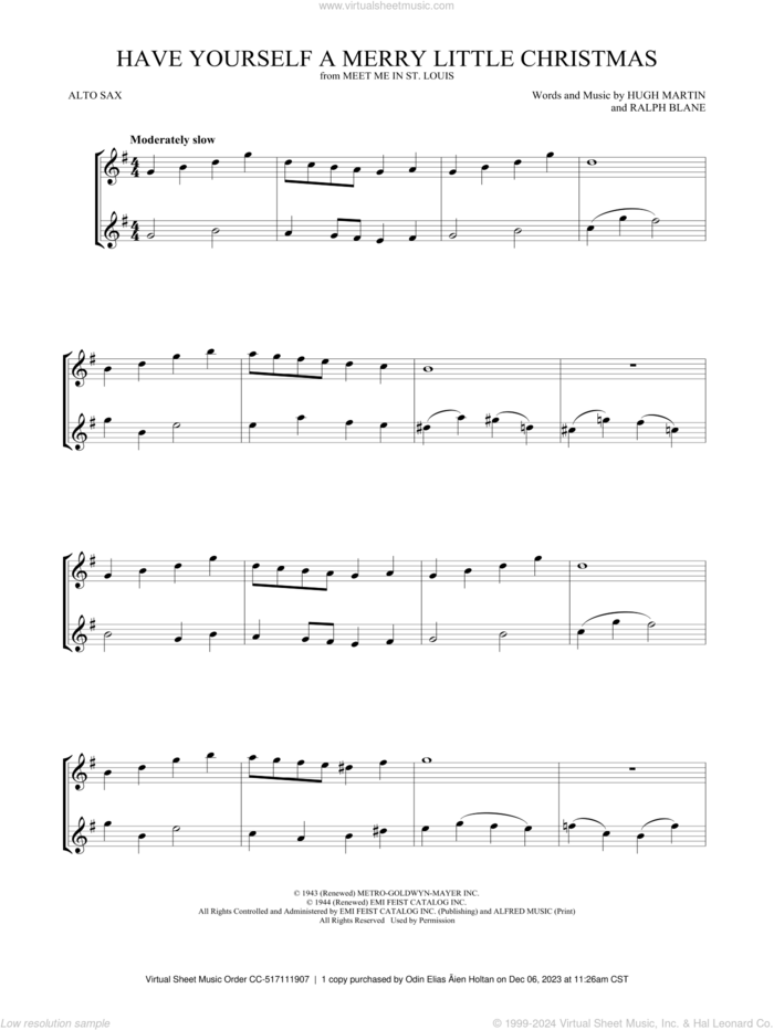 Have Yourself A Merry Little Christmas sheet music for two alto saxophones (duets) by Hugh Martin and Ralph Blane, intermediate skill level