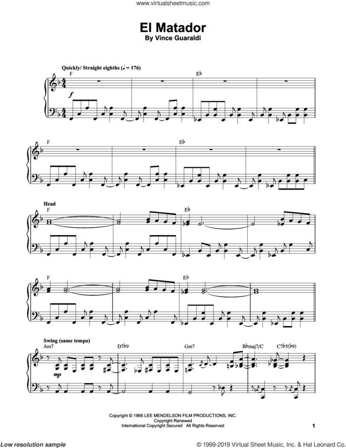 El Matador sheet music for piano solo (transcription) by Vince Guaraldi, intermediate piano (transcription)