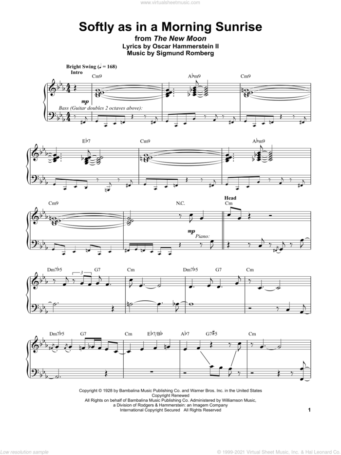 Softly As In A Morning Sunrise sheet music for piano solo (transcription) by Vince Guaraldi, Oscar II Hammerstein and Sigmund Romberg, intermediate piano (transcription)