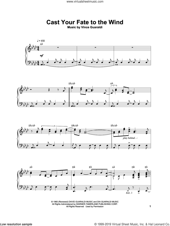 Cast Your Fate To The Wind sheet music for piano solo (transcription) by Vince Guaraldi, intermediate piano (transcription)