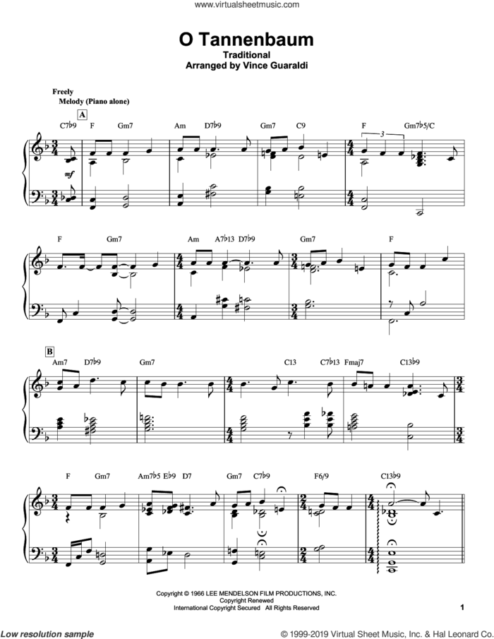 O Tannenbaum sheet music for piano solo (transcription) by Vince Guaraldi and Miscellaneous, intermediate piano (transcription)