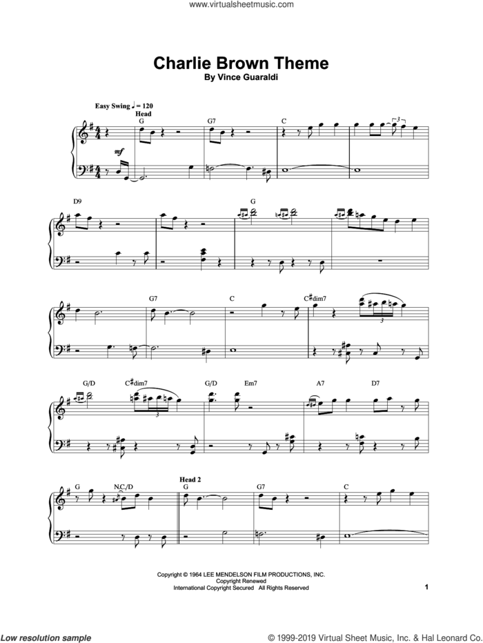 Charlie Brown Theme sheet music for piano solo (transcription) by Vince Guaraldi, intermediate piano (transcription)