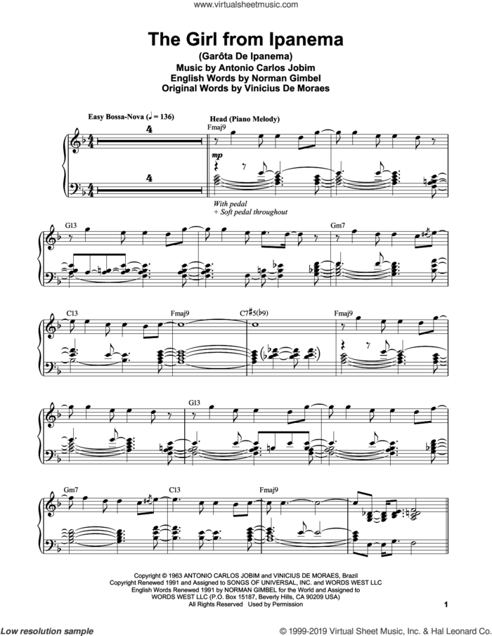 The Girl From Ipanema (Garota De Ipanema) sheet music for piano solo (transcription) by Vince Guaraldi, Antonio Carlos Jobim, Norman Gimbel and Vinicius de Moraes, intermediate piano (transcription)