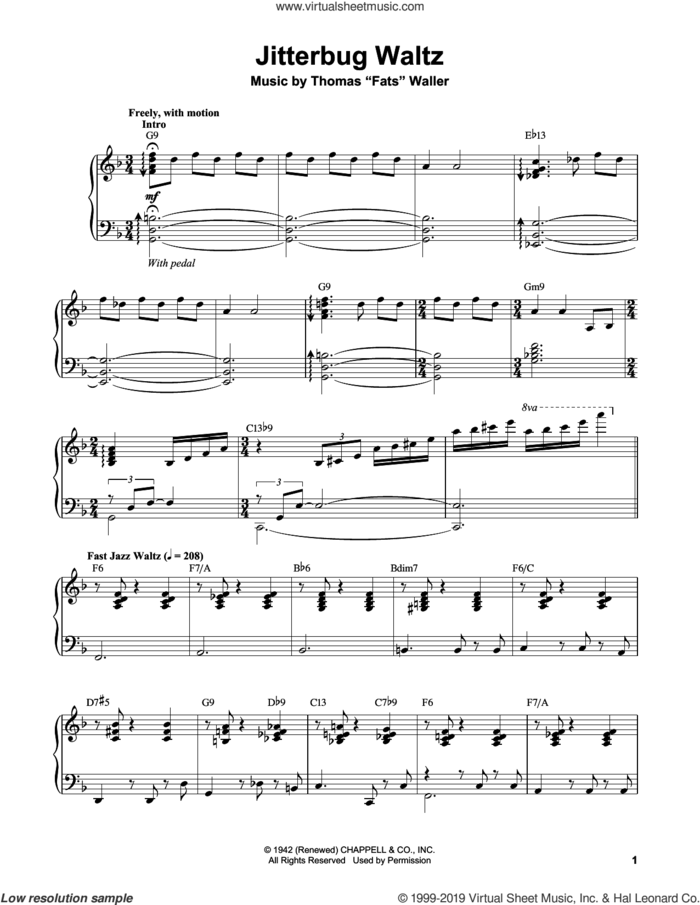 Jitterbug Waltz sheet music for piano solo (transcription) by Vince Guaraldi and Thomas Waller, intermediate piano (transcription)