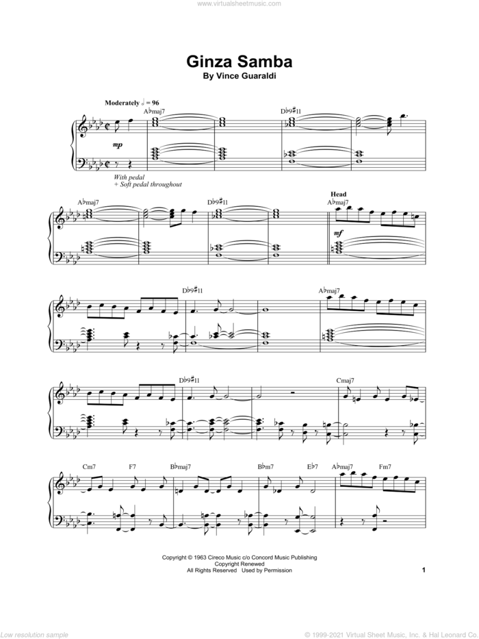 Ginza Samba sheet music for piano solo (transcription) by Vince Guaraldi, intermediate piano (transcription)