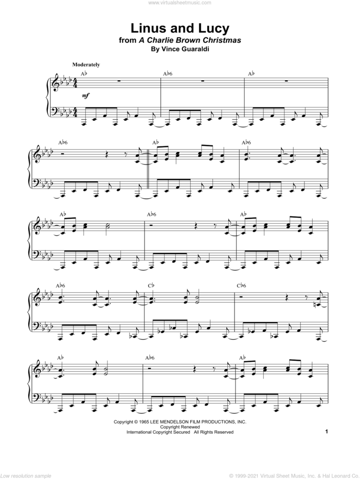Linus And Lucy sheet music for piano solo (transcription) by Vince Guaraldi, intermediate piano (transcription)