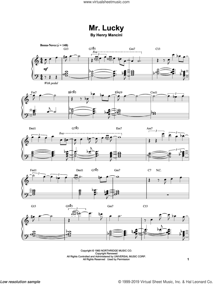 Mr. Lucky sheet music for piano solo (transcription) by Vince Guaraldi and Henry Mancini, intermediate piano (transcription)