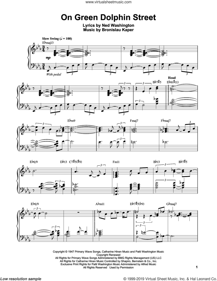 On Green Dolphin Street sheet music for piano solo (transcription) by Vince Guaraldi, Bronislau Kaper and Ned Washington, intermediate piano (transcription)